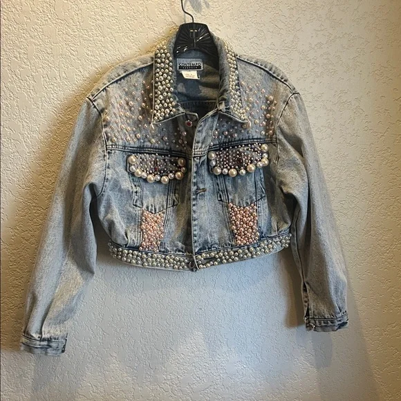 Vintage Embellished Denim Jacket with Pearl Accents - Picture 1 of 15